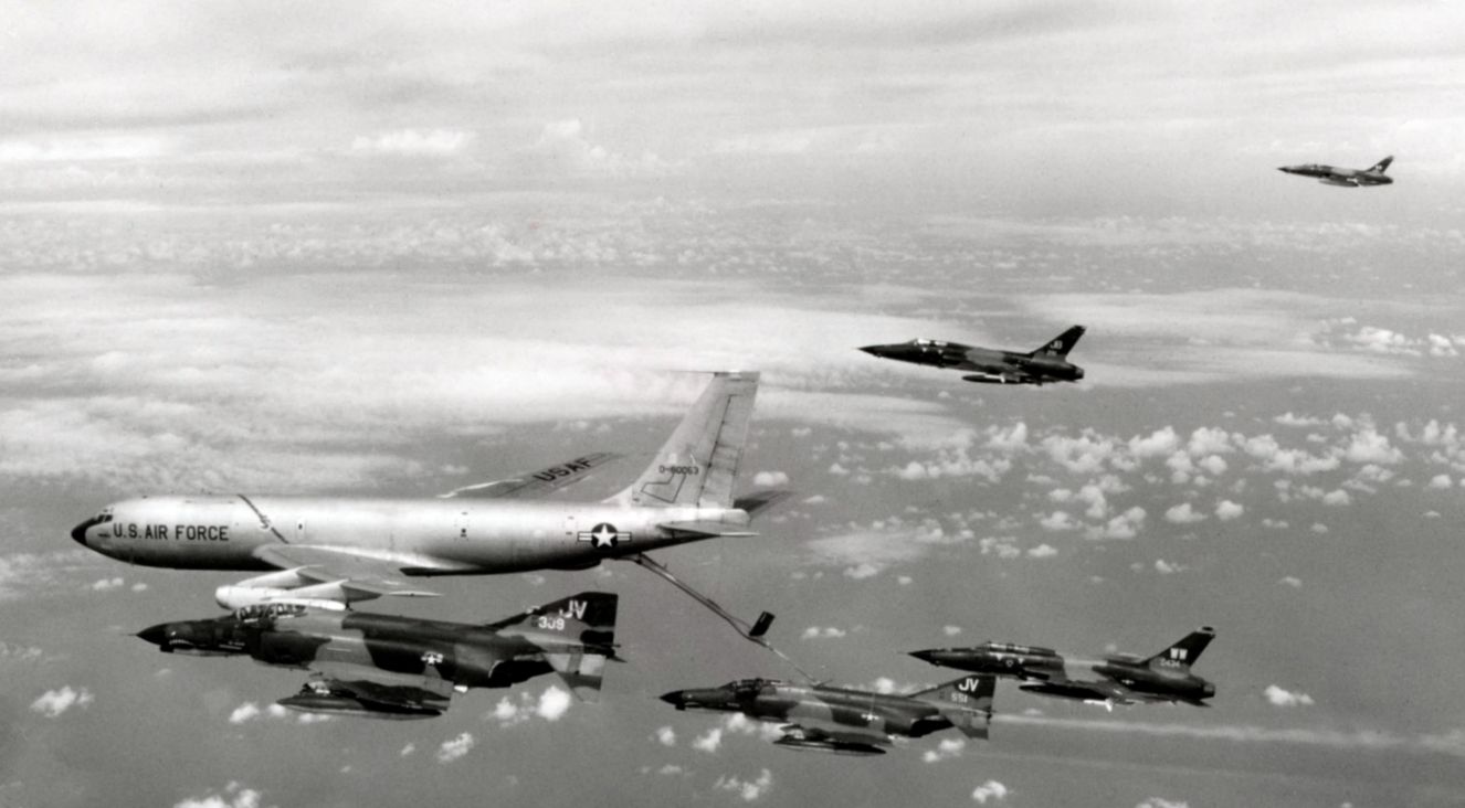 A U.S. Air Force SAM Hunter killer group of the 388th Tactical Fighter Wing takes fuel on the way to North Vietnam for a strike during "Operation Linebacker" in October 1972.