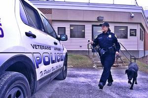 A female VA cop walks to her police car with a police dog.