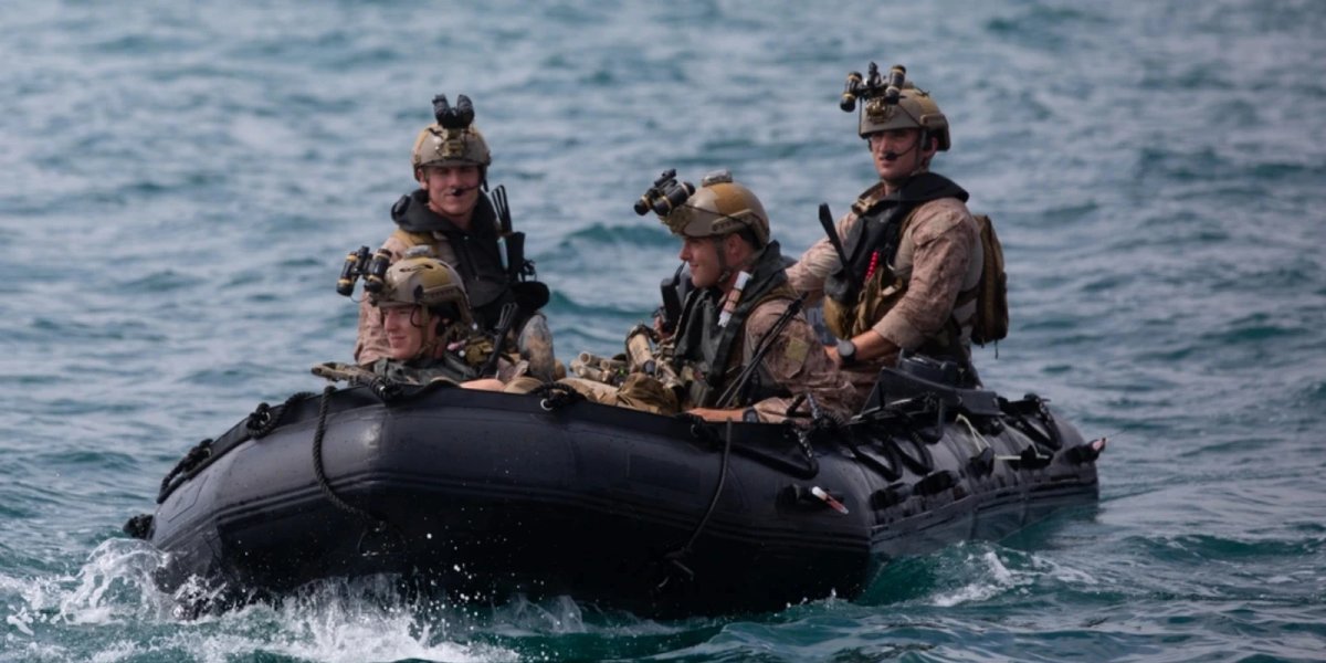 U.S. Marines with Co. A, 1st Reconnaissance Battalion, 1st Marine Division embark on a combat rubber raiding craft to conduct amphibious raid rehearsals off the coast of Marine Corps Base Camp Pendelton, California, July 8, 2021.