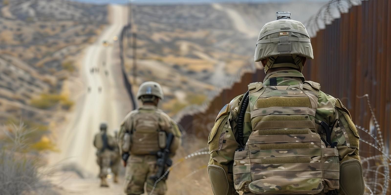National Guard soldiers patrolling along a desert border fence with military gear.