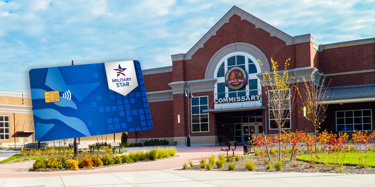 Military Star Credit Card superimposed over a picture of a Commissary.