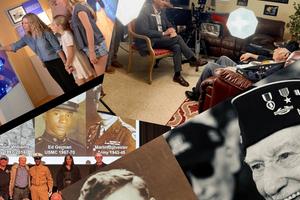 Collage of exhibits and interviews with veterans.