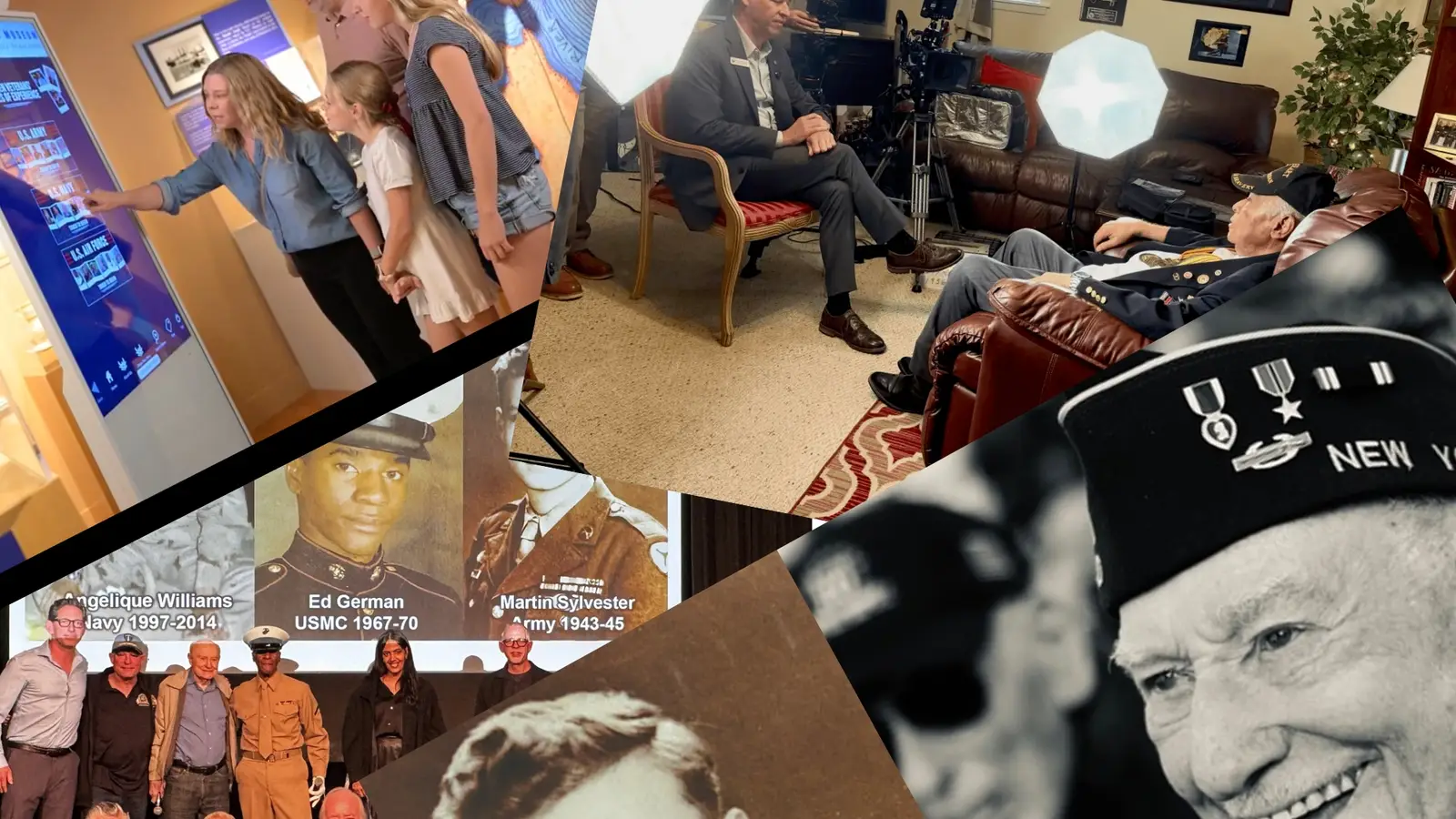 Collage of exhibits and interviews with veterans.