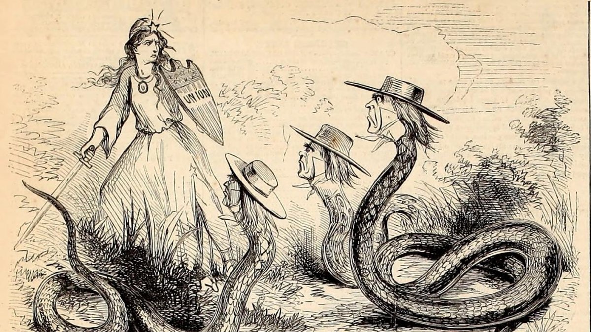 Lady Liberty confronting Copperhead snakes with men's heads in Civil War-era illustration