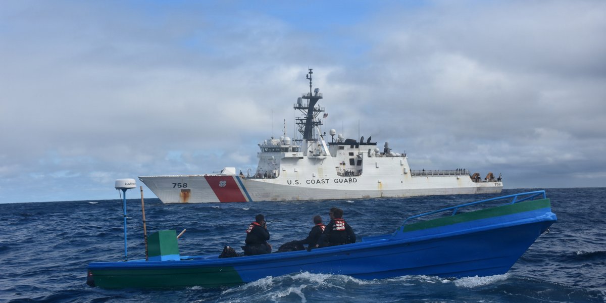 Coast Guard Cutter Stone's crew interdicts a suspected drug smuggling vessel approximately 500 miles off the Galapagos Islands, Sept. 23, 2025.