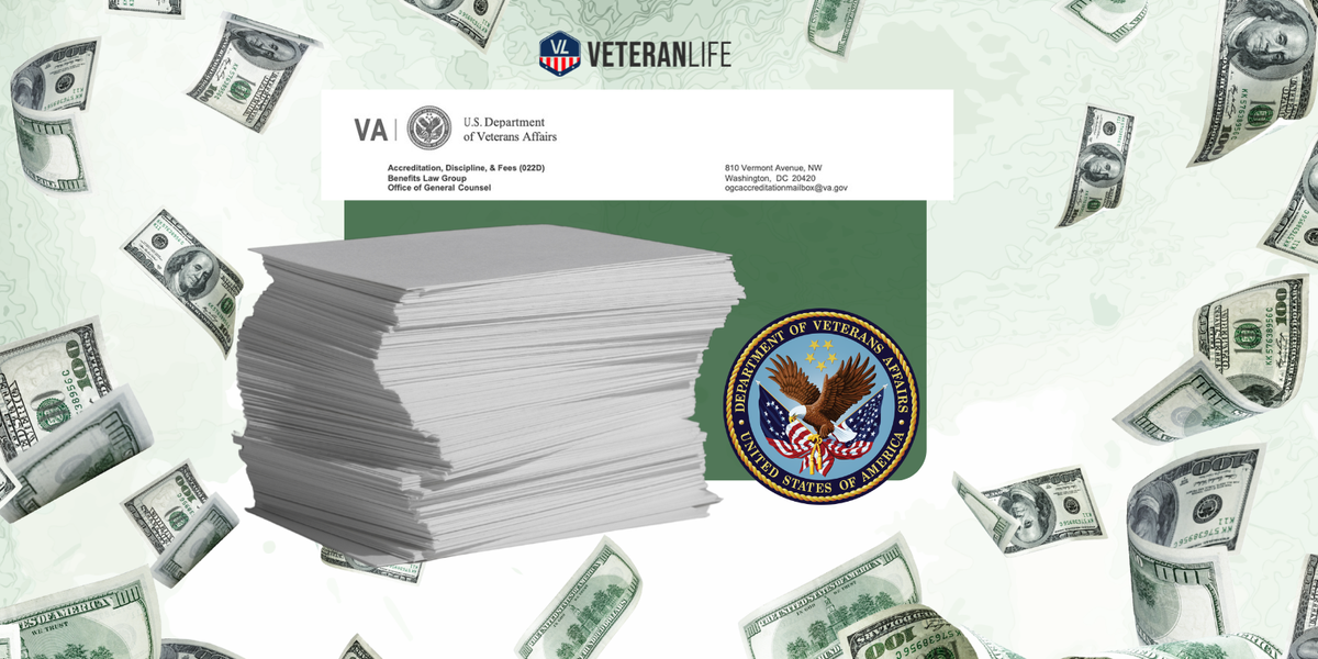 The image shows money and a stack of papers next to a VA logo.