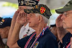 Veterans salute during a ceremony.