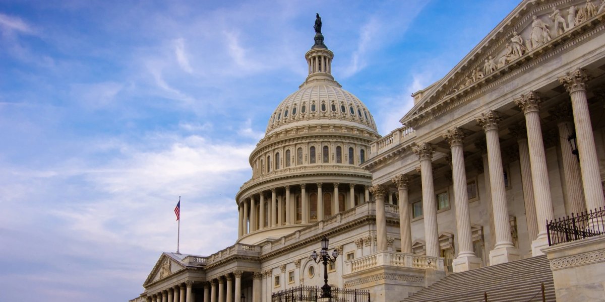 Low angle view of the east entrance to United States Capitol building in Washington DC.