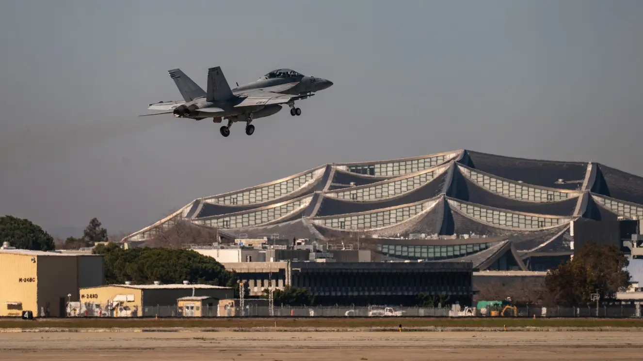 A Super Hornet takes off from a base.