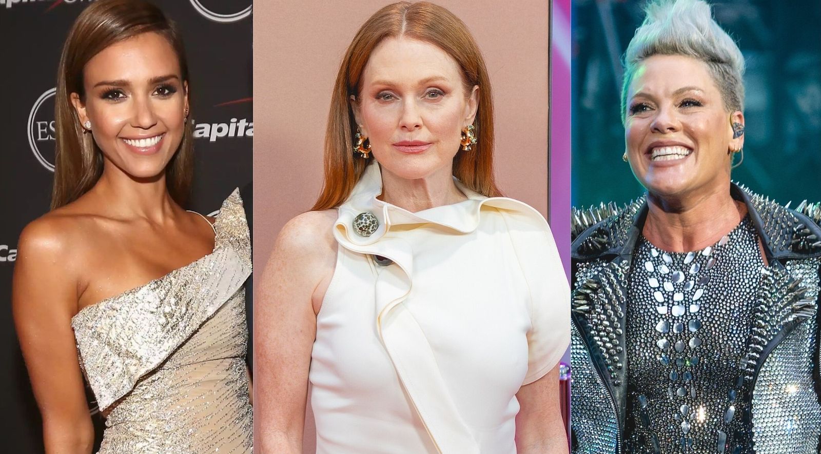 A collage of Pink, Julianne Moore, and Jessica Alba.
