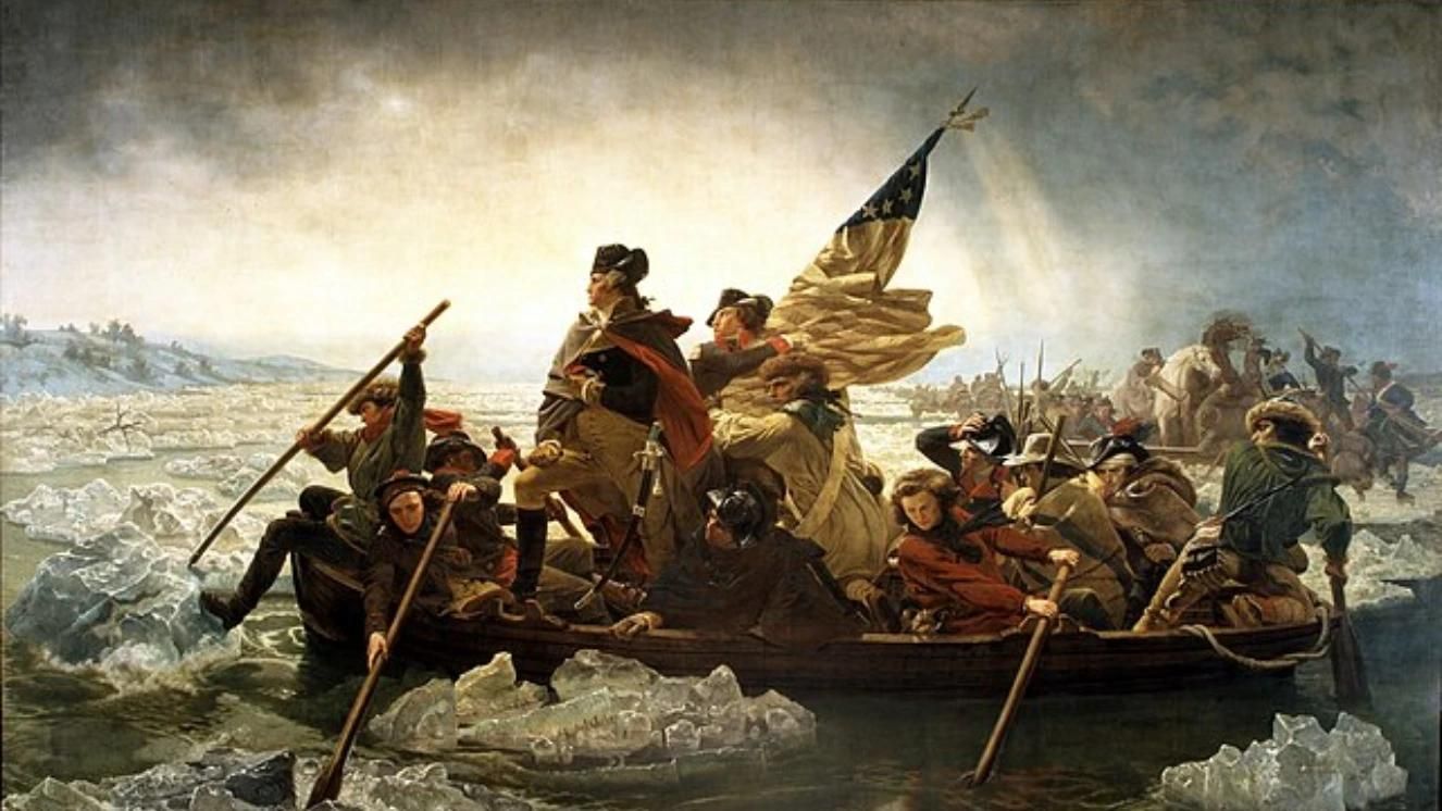 George Washington and Continental Army soldiers crossing the icy Delaware River in boats during Revolutionary War.