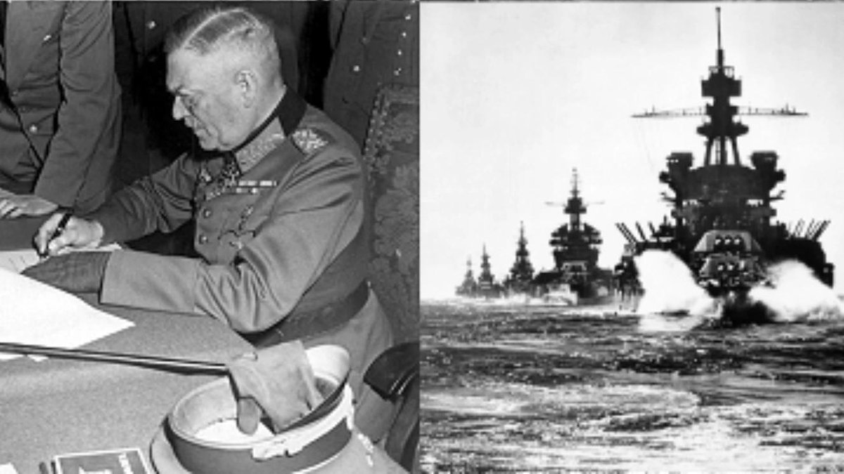 General signing document; WWII battleships at sea in formation.