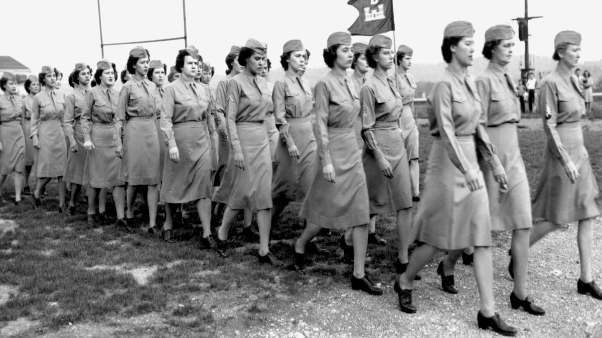 Rows of female soldiers marching.