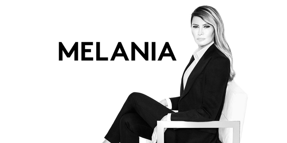 A poster for the film Melania. The First Lady is seated looking at the camera.