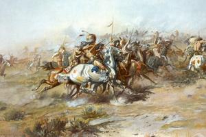 Lithograph showing the Battle of Little Bighorn, from the Indian side.