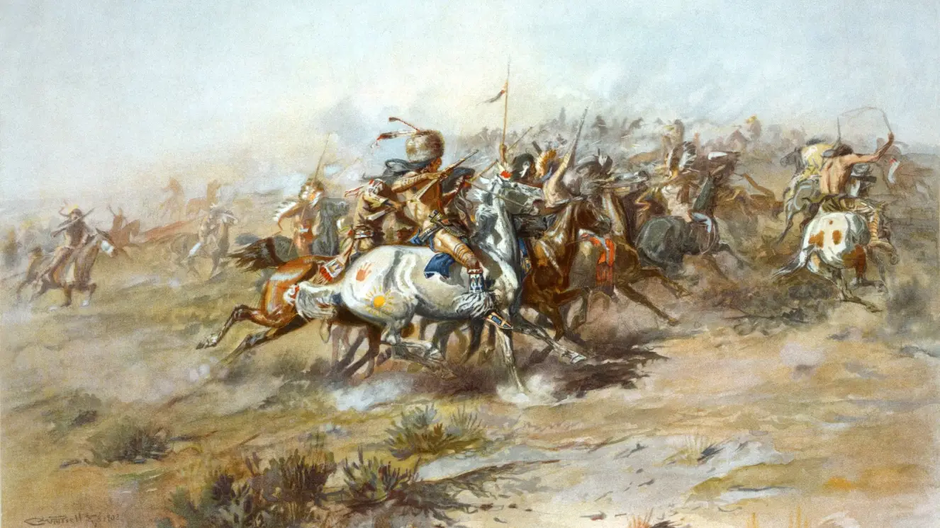 Lithograph showing the Battle of Little Bighorn, from the Indian side.