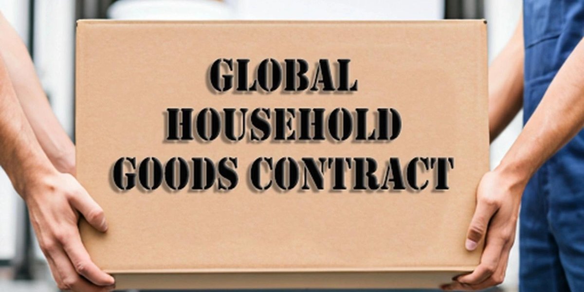 Hands holding a box labeled "Global Household Goods Contract