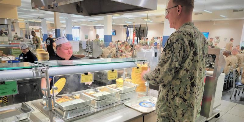 Vice Adm. Yancy B. Lindsey, Commander, Navy Installations Command, makes selections for lunch at the Ney Hall Galley during his visit to Naval Station Newport, Rhode Island, Aug. 9.