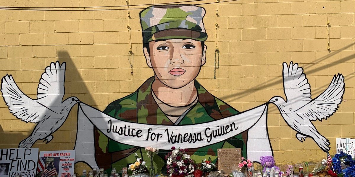Memorial mural of Vanessa Guillén in Army uniform with doves holding "Justice for Vanessa Guillén" banner.