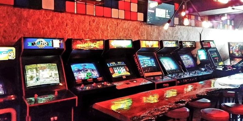 A row of pinball machines at the DK Arcade.