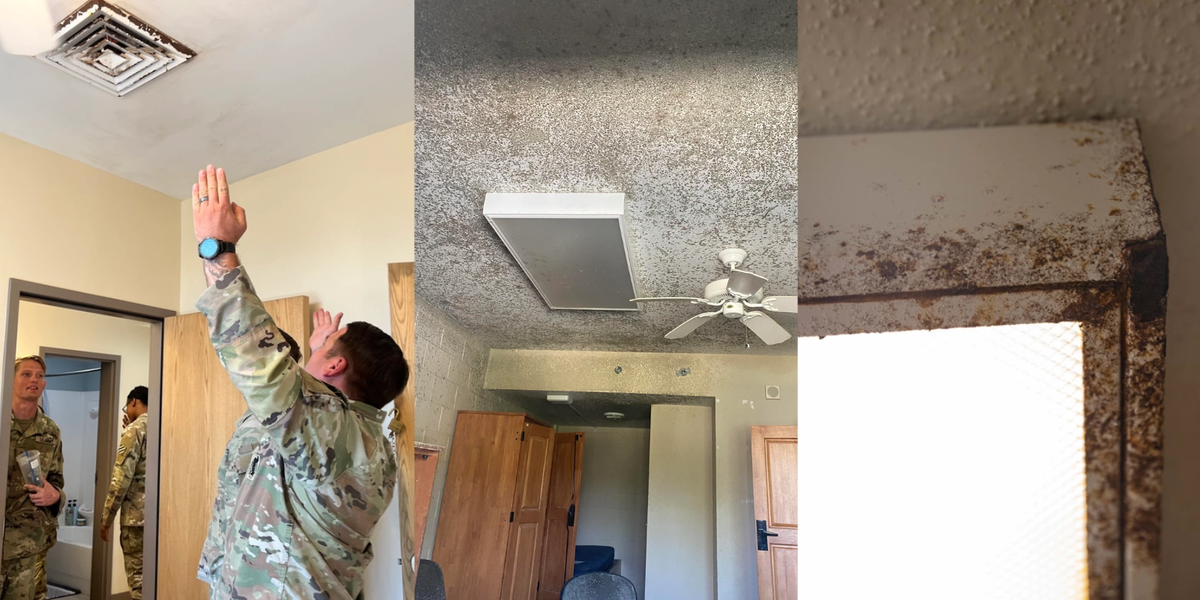 A collection of photos showing poor barracks conditions.