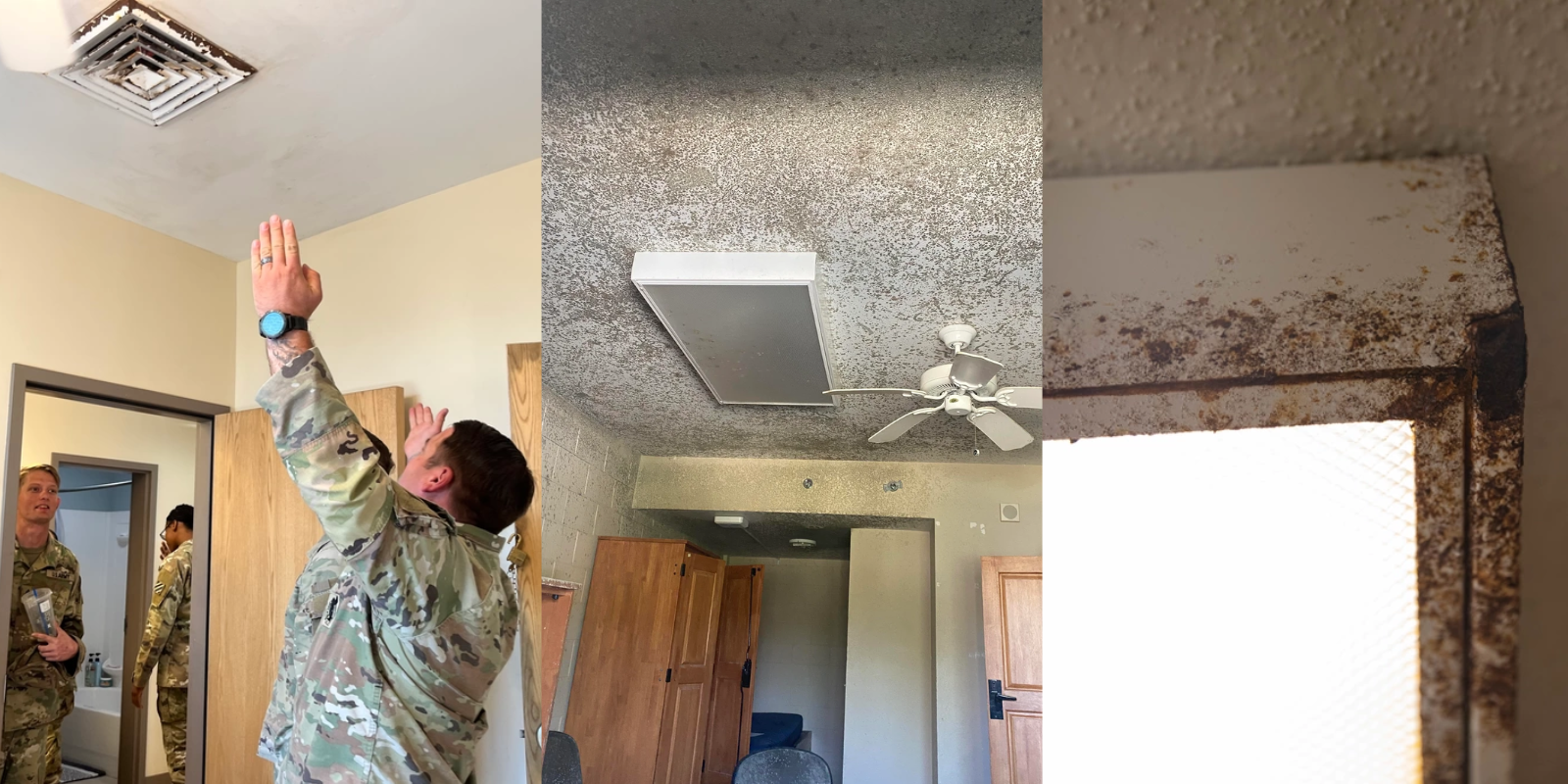 A collection of photos showing poor barracks conditions.