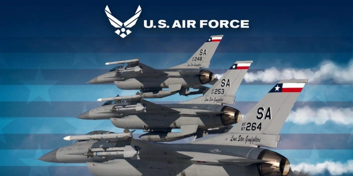 Three U.S. Air Force F-16 jets flying in formation with contrails against a blue star-patterned background.