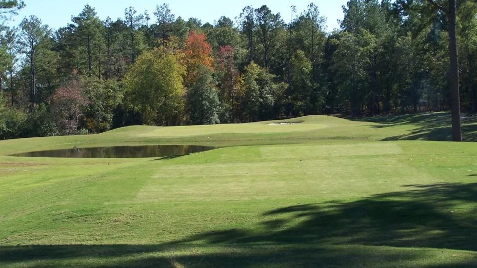Wide view of a golf course.