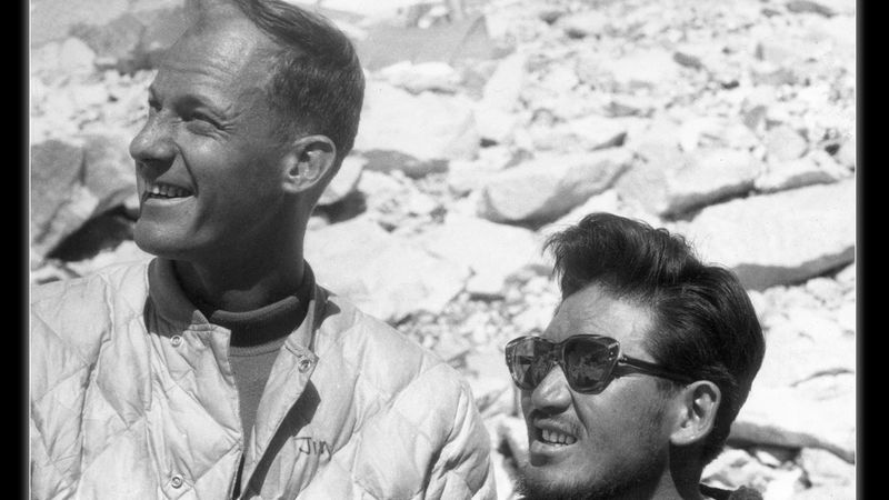 Jim and Sherpa Nawang Gombu at Everest Base Camp.
