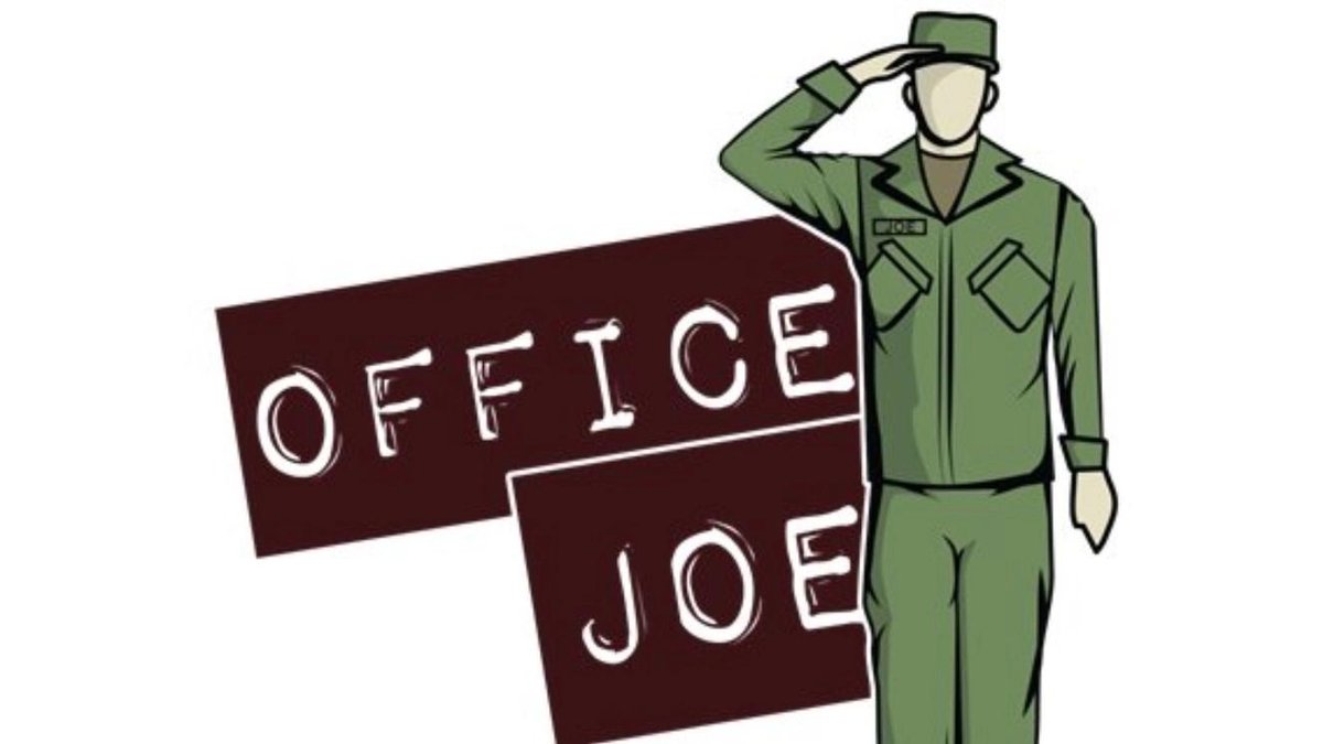 Cartoon veteran saluting in uniform next to "Office Joe" text.