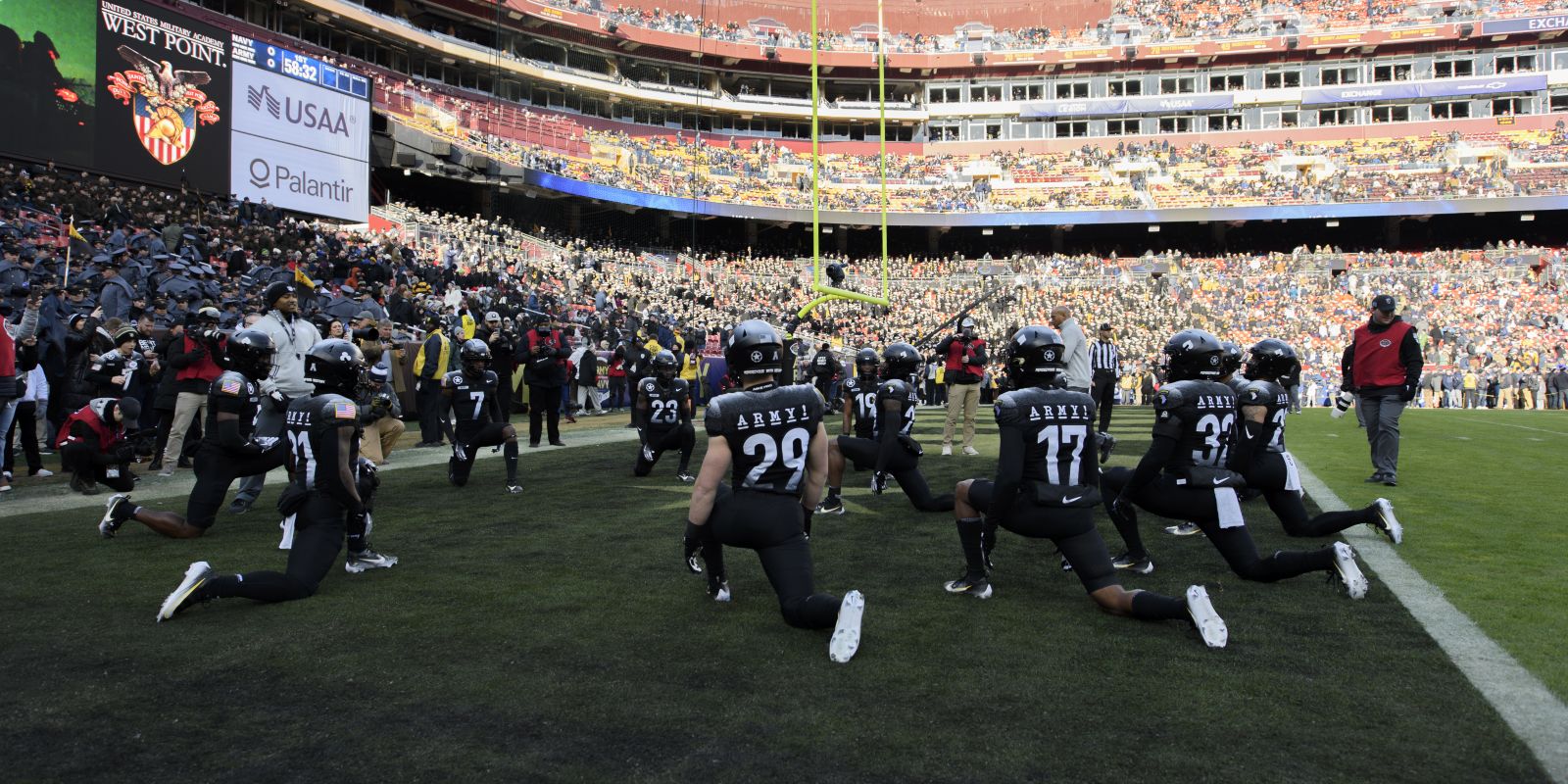 Army Football players stretch before the 125th Army Navy football game in Landover, Md., Dec. 14, 2024. (U.S. Army photo by Sgt. Daniel Hernandez)