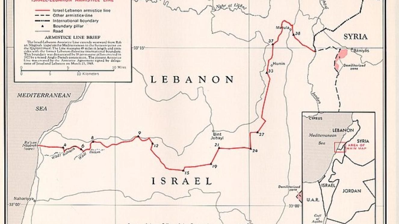 Map showing Israel-Lebanon boundary and demarcation lines, highlighting regional borders and key locations.