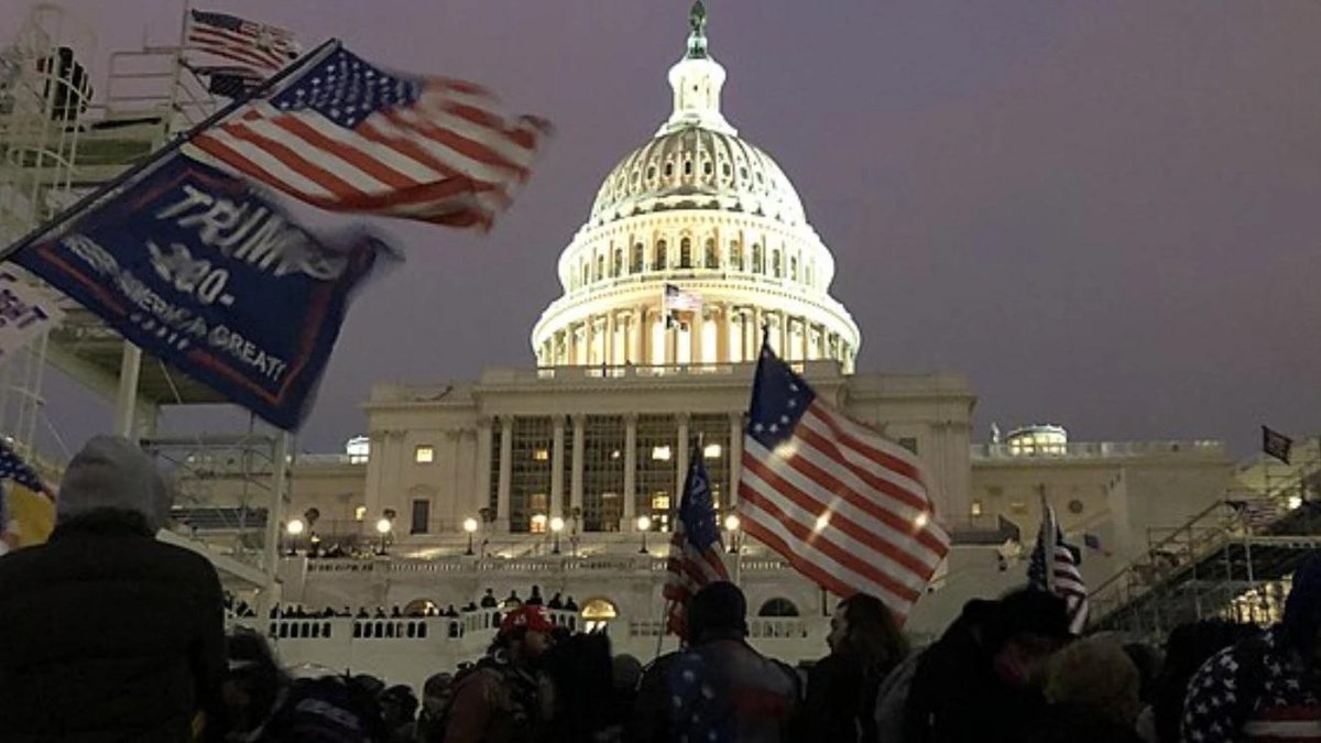 Crowd with American flags outside U.S. Capitol building during evening protest.