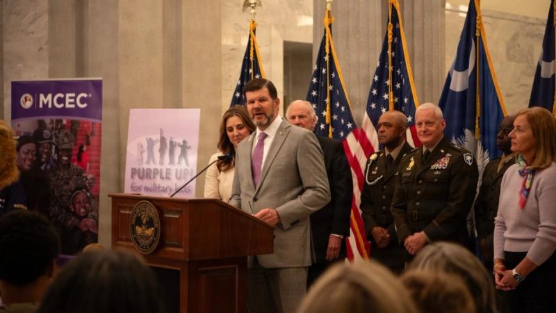 U.S. Army Maj. Gen. Robin B. Stilwell, the adjutant general of South Carolina, and U.S. Army Command Sgt. Maj. Norris K. McCall, the state command sergeant major of the South Carolina National Guard, attend a Month of the Military Child proclamation at the South Carolina State House on March 31, 2026, in Columbia, South Carolina.
