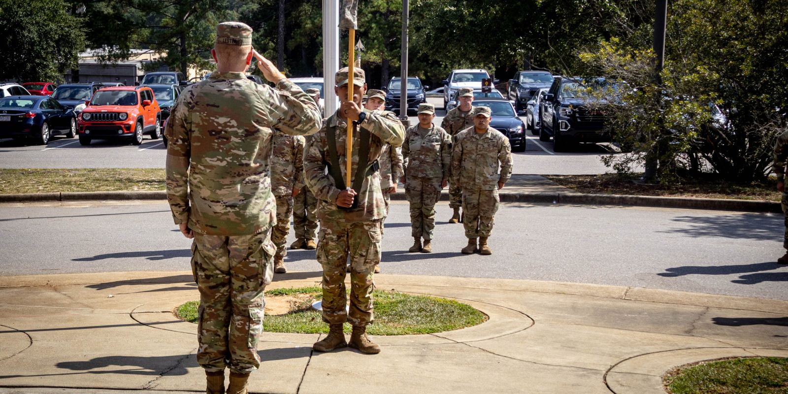 U.S. Army Lt. Col. Lester, 188th Brigade Support Battalion, 18th Field Artillery Brigade commander, salutes during the 188th BSB color casing ceremony on Fort Bragg, N.C., Sep. 17, 2025.
