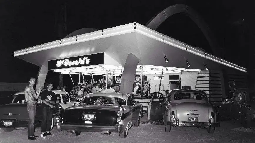 Vintage photo of a drive-in McDonalds.