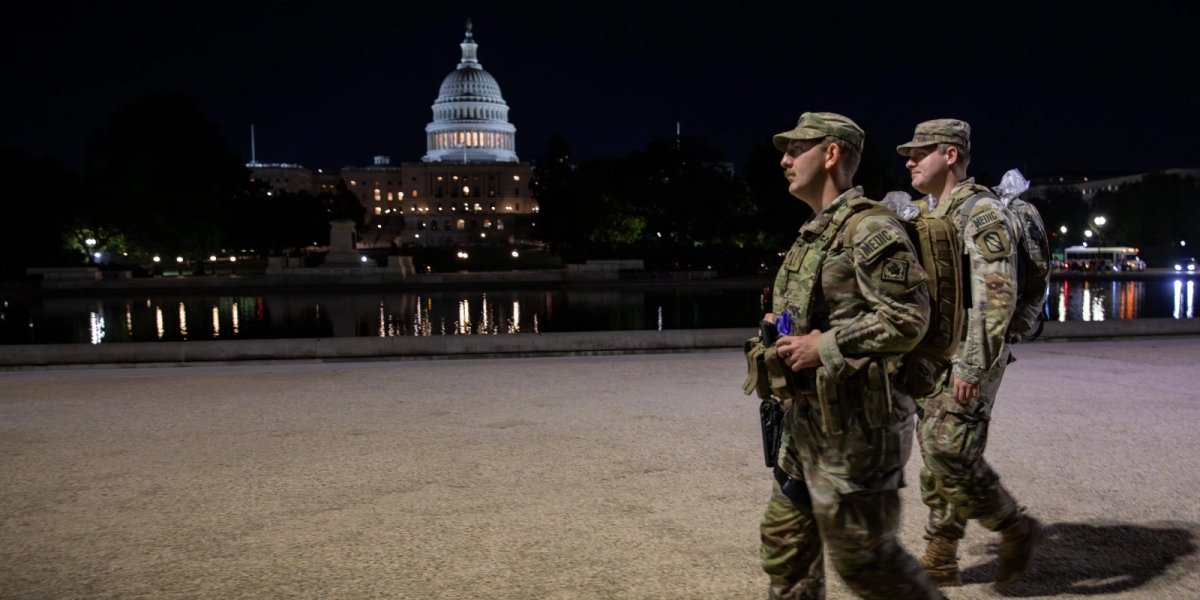 U.S. Army Soldiers from the 112th Military Police Battalion, Mississippi National Guard, walk in front of the Capitol while on patrol at the National Mall, Washington, D.C., Oct. 4, 2025.