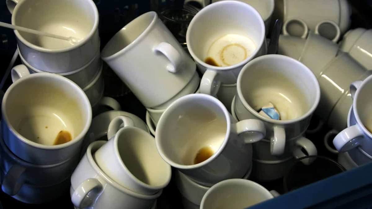 Unwashed Navy coffee mugs sitting in a sink.