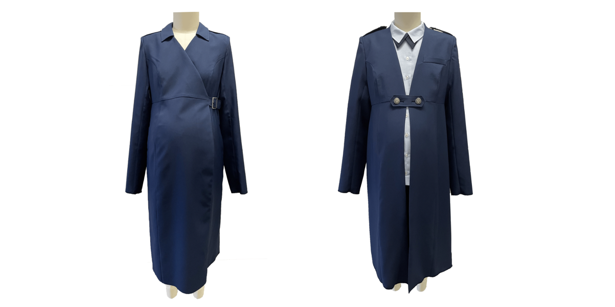 The two new Air Force maternity uniform pieces, including the navy-colored wrap dress and navy-colored long coat.