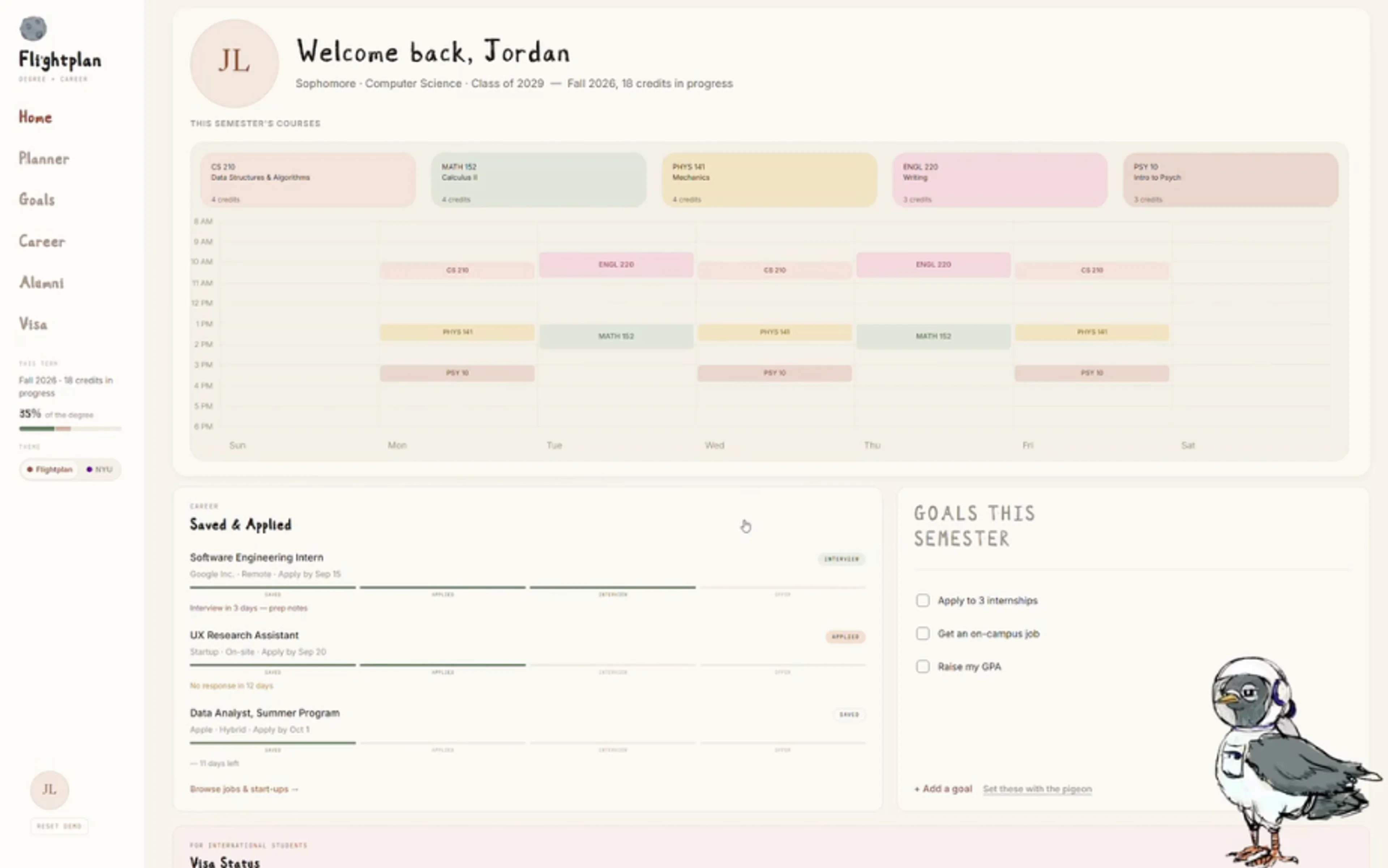 Flightplan dashboard showing a student's weekly course schedule, saved internships, and semester goals
