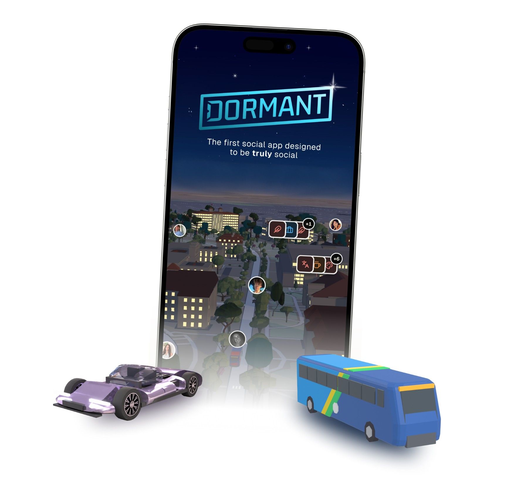 Dormant app on a phone showing a 3D map of campus