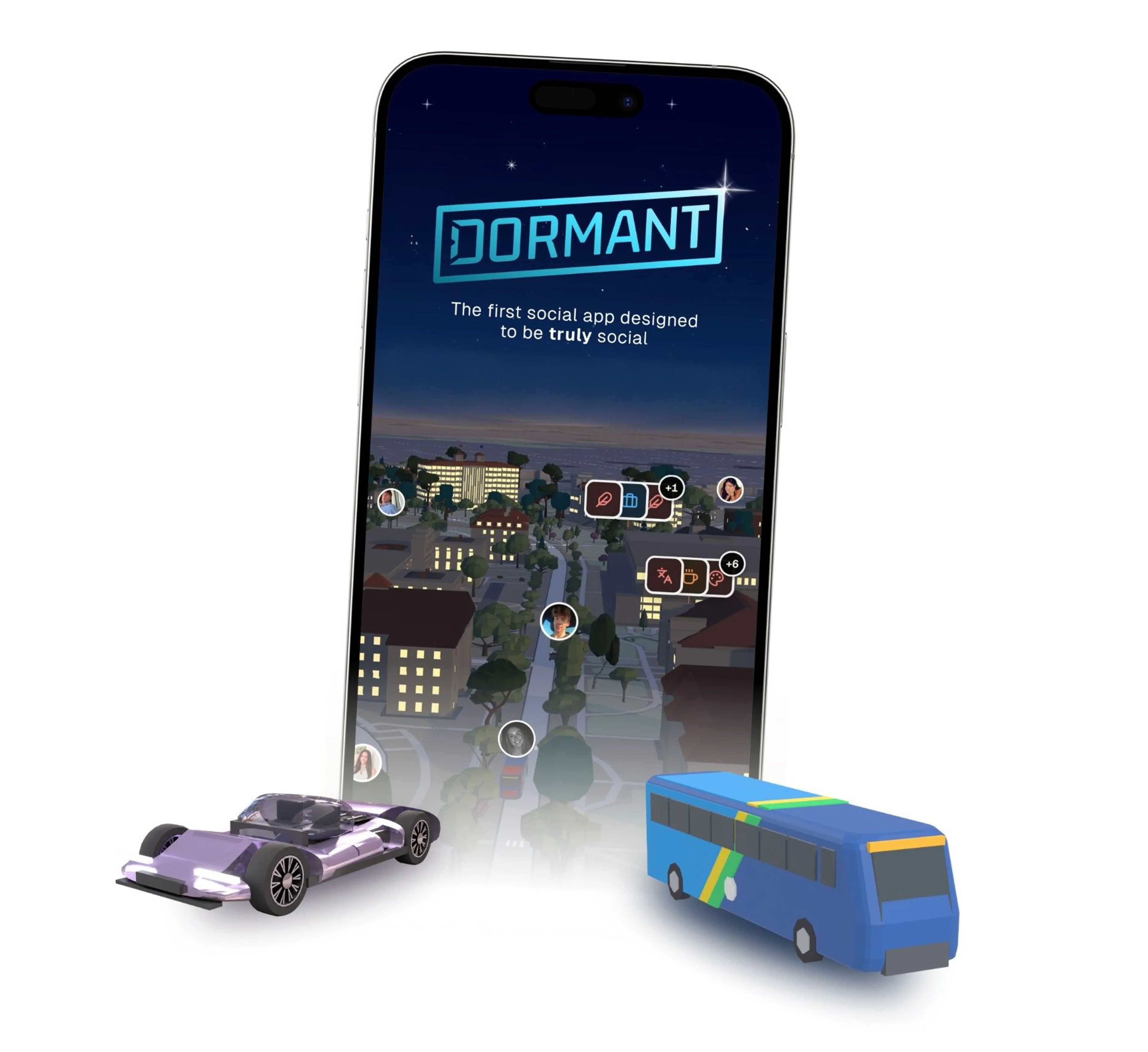 Dormant app on a phone showing a 3D map of campus