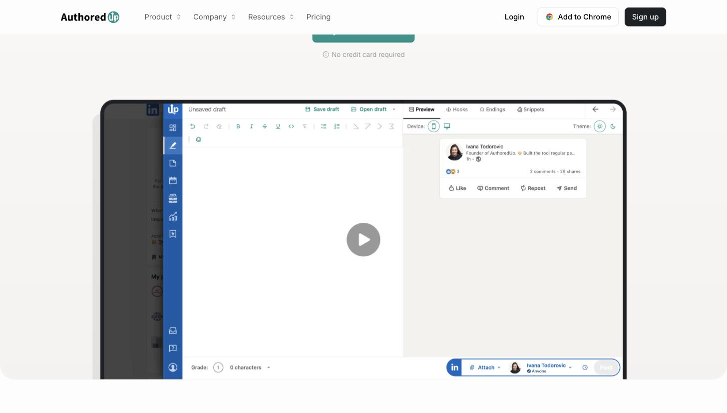 AuthoredUp post Editor UI: rich-text formatting toolbar (bold/italic/lists/etc.), Save/Open draft, Preview/Hooks/Endings/Snippets tabs, character/readability grade bar, and a LinkedIn post Preview panel.