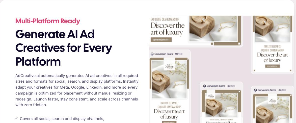 AdCreative.ai feature page section headed 'Generate AI Ad Creatives for Every Platform', showing a grid of generated jewellery ad creatives in several placement sizes, each tagged with a Conversion Score such as 93/100, 98/100 and 92/100.