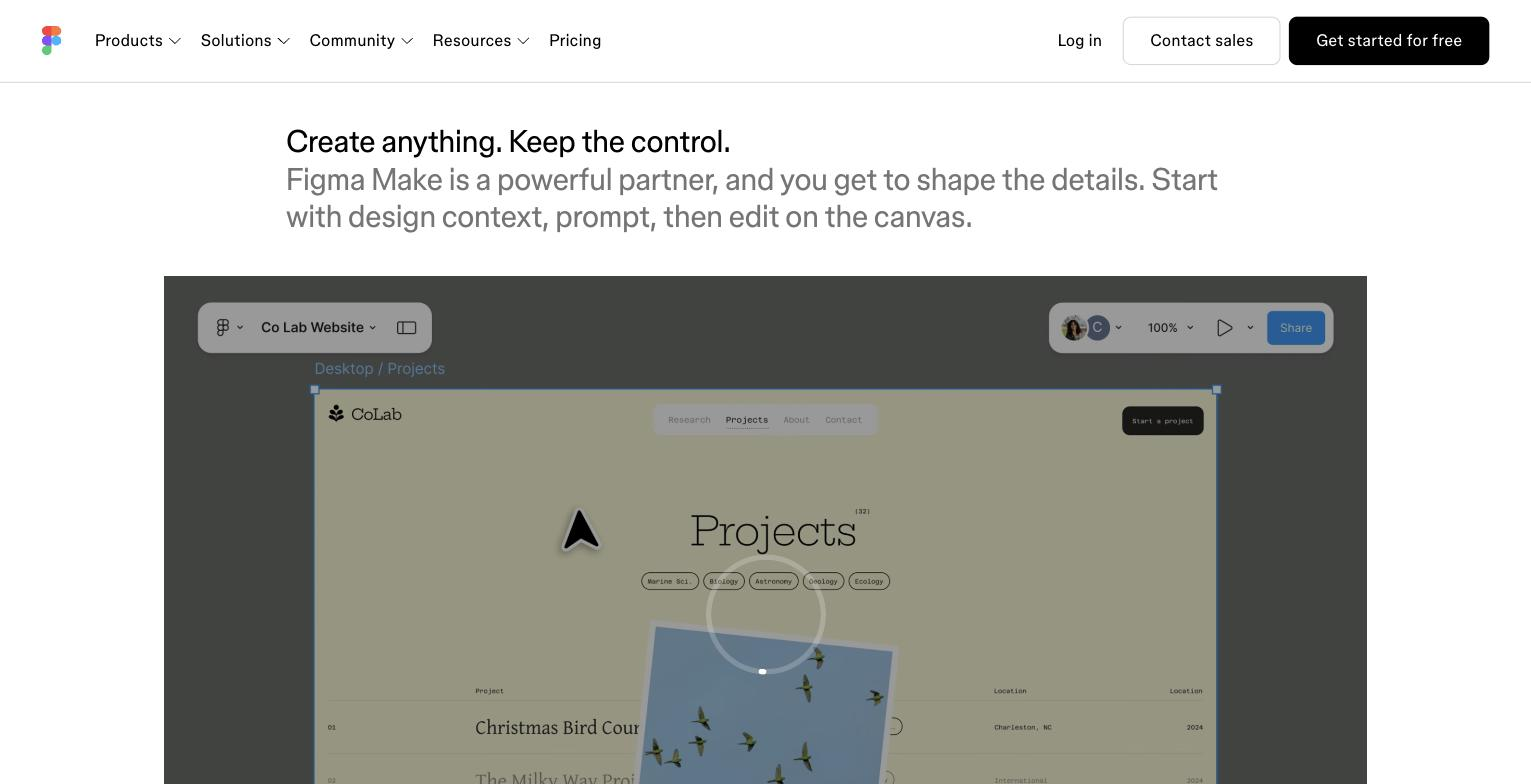 Figma Make design-canvas editing view: a "Co Lab Website" project frame (Desktop / Projects) selected on an infinite canvas with resize handles, a cursor mid-edit, layer/file controls, and a collaborator avatar plus Share button. Shows direct on-canvas editing rather than the prompt box or two-pane code editor.