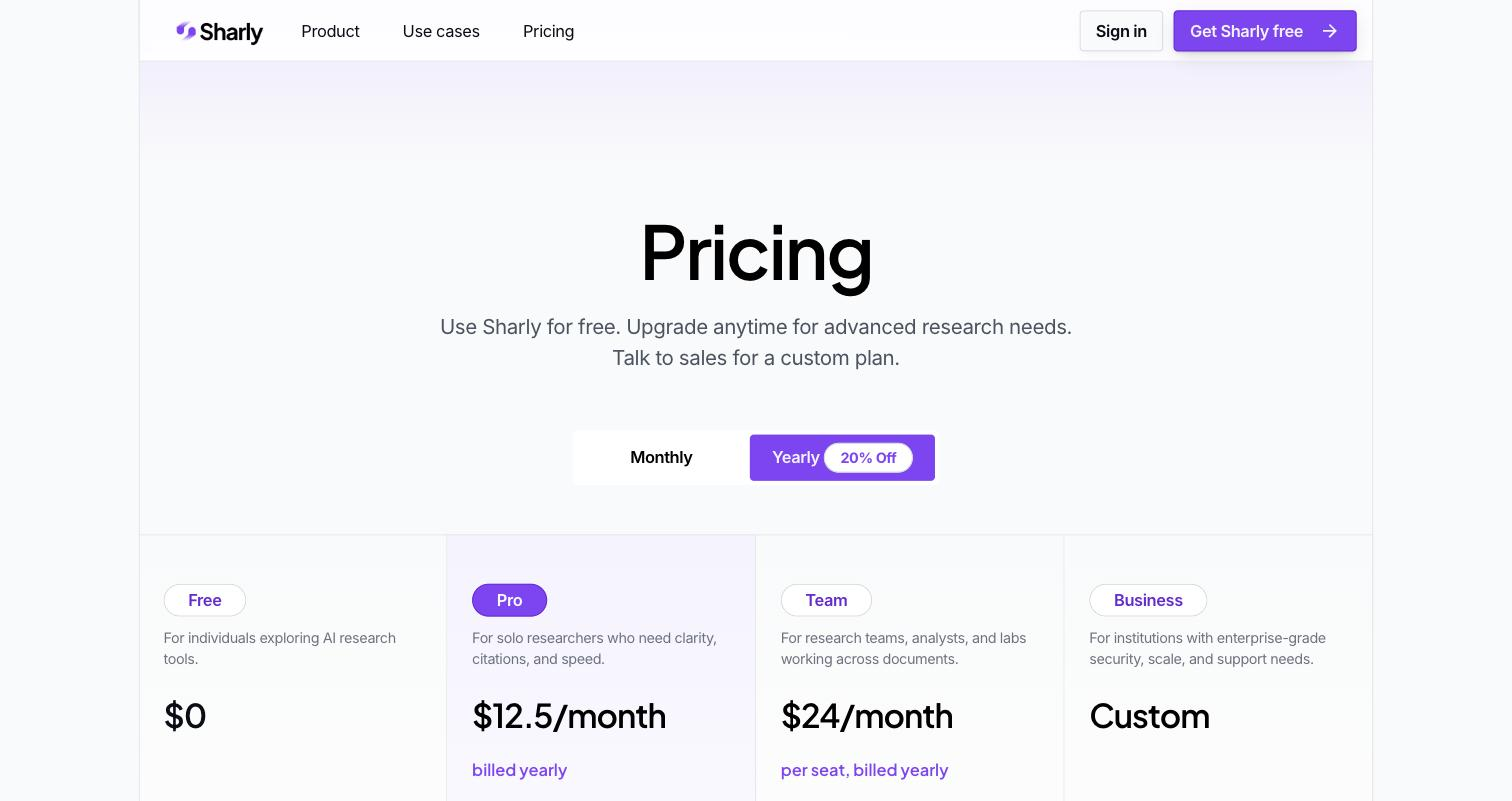 Sharly AI public Pricing page: four-tier plan comparison (Free $0, Pro $12.5/month, Team $24/month per seat, Business Custom) each with a short audience description and monthly/yearly toggle.