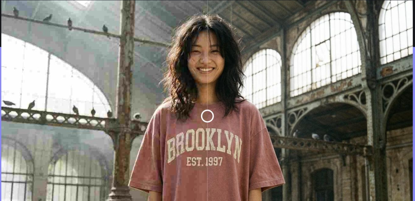 Let's Enhance upscaler before/after comparison of a portrait of a smiling woman in a 'BROOKLYN EST. 1997' shirt inside a glass-roofed industrial hall: the left half is low-resolution and pixelated while the right half is sharp and detailed, with a draggable slider handle dividing the two.