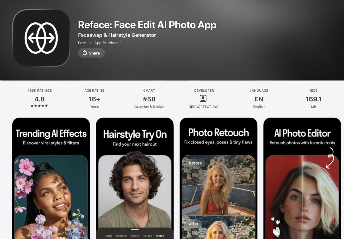 App Store listing for 'Reface: Face Edit AI Photo App - Faceswap & Hairstyle Generator' by NEOCORTEXT, INC., showing vendor app preview screenshots titled Trending AI Effects, Hairstyle Try On, Photo Retouch (before/after) and AI Photo Editor
