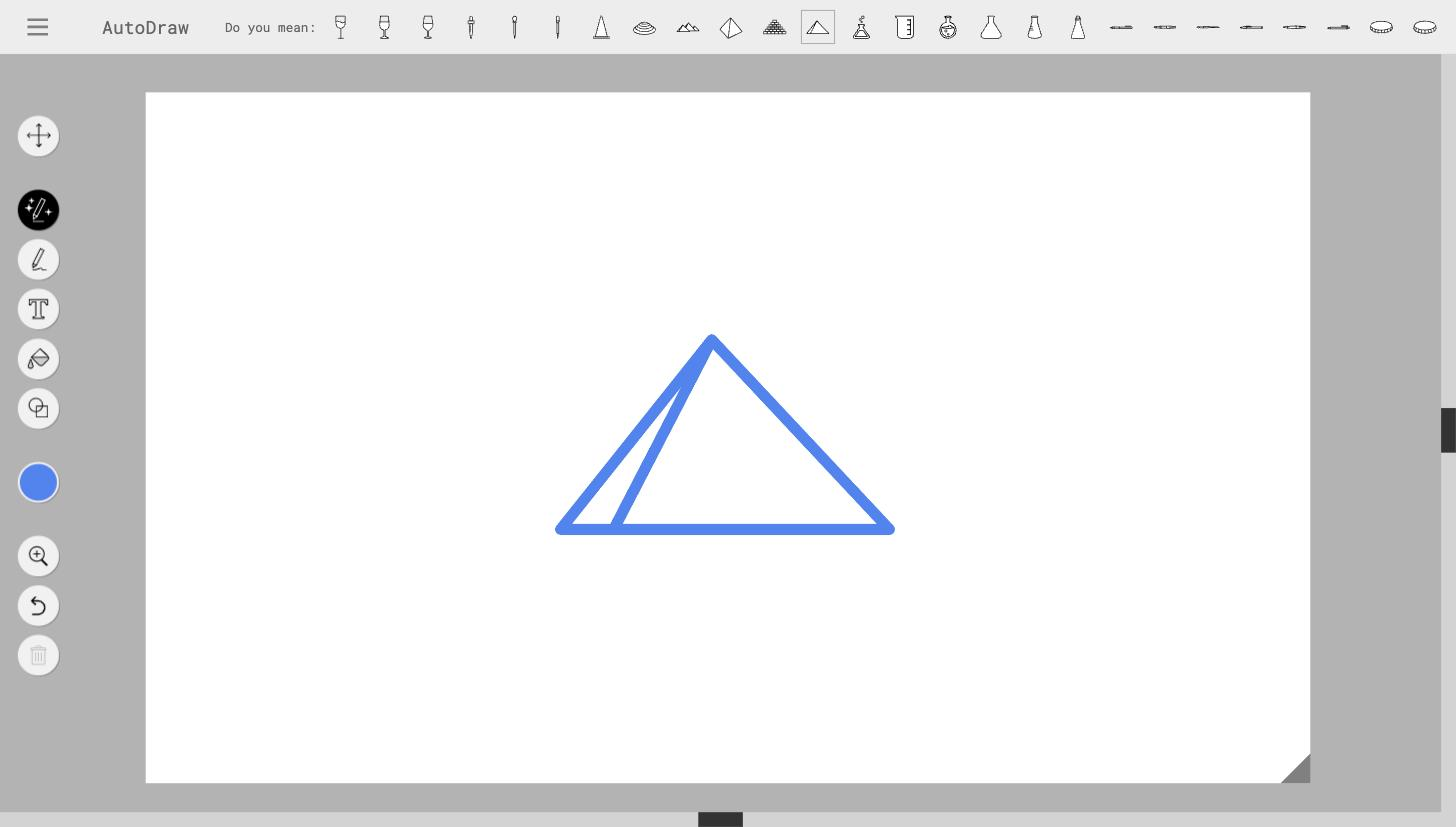 AutoDraw canvas showing the RESULT state: a rough sketch converted into a clean vector pyramid/mountain clip-art after selecting an AI suggestion, with the drawing toolbar and populated suggestion strip.