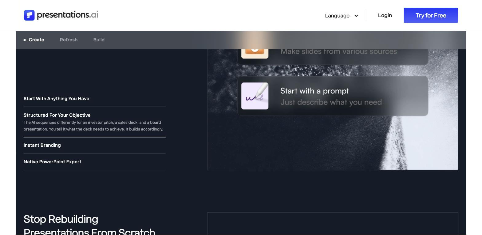 Dark-themed section of the Presentations.ai homepage with 'Create / Refresh / Build' tabs and two illustrated cards reading 'Make slides from various sources' and 'Start with a prompt', next to text about structured output, branding, and PowerPoint export.